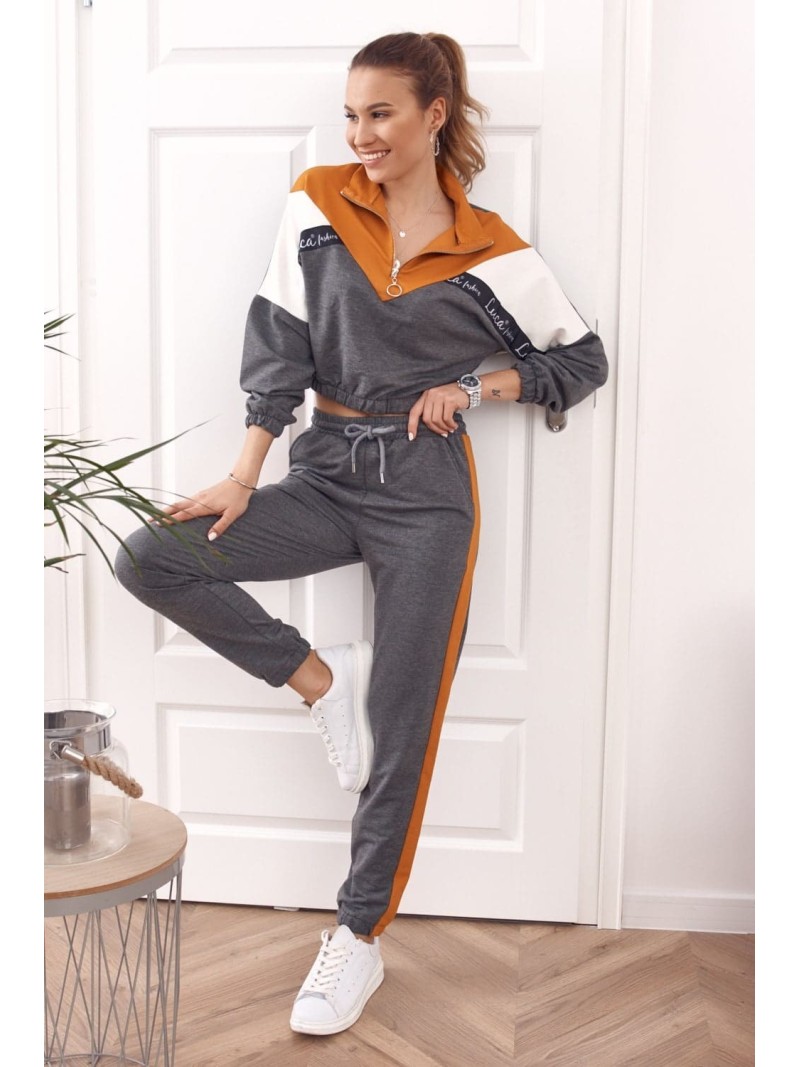 Comfortable tracksuit, sweatshirt with a stand-up collar and trousers, mustard-gray 01039 - Online store - Boutique